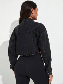 SHEIN Essnce Women's Autumn Drop Shoulder Long Sleeve Frayed Hem Denim Jacket - Black - View 2