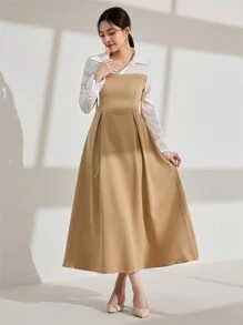 Modelyn Casual Fashion Patchwork Drawstring Waist Dress For Women - Khaki - View 2