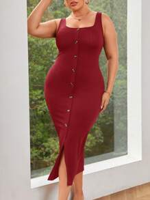 SHEIN Essnce Women Plus Size Square Neck Button Decor Front Slit Striped Textured Cami Dress, Black - Burgundy - View 1