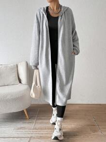 SHEIN EZwear Gray Mid-Length Hooded Coat With Thermal Lined For Women, Autumn/Winter - Grey - View 1