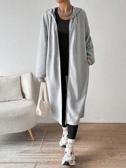 SHEIN EZwear Gray Mid-Length Hooded Coat With Thermal Lined For Women, Autumn/Winter