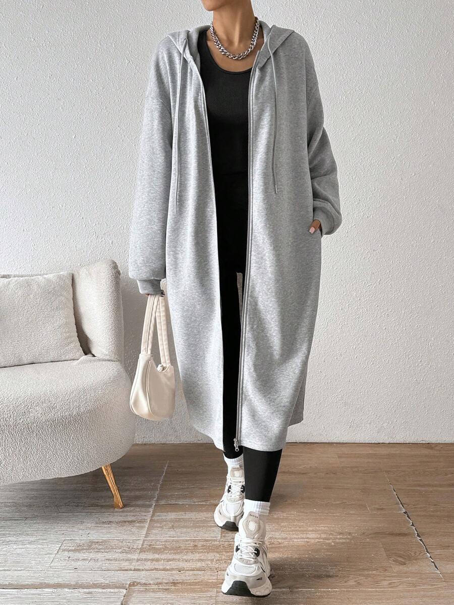 SHEIN EZwear Gray Mid-Length Hooded Coat With Thermal Lined For Women, Autumn/Winter - Grey - View 1