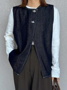 FRIFUL Chaqueta de mezclilla sin mangas de lavado oscuro para mujer, primavera/verano - Azul lavado oscuro - Ver 1