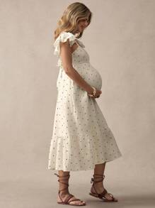 Boho Mama 孕妇休闲方领盖袖波点印花中长连衣裙孕妇装 - 杏色 - 查看 5