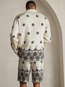 Manfinity VCAY 2 件套男士休闲宽松编织短袖衬衫和松紧腰直筒短裤套装