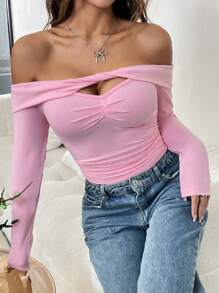 INAWLY 女士休闲扭纹前开襟长袖 T 恤 - 粉色 - 查看 5