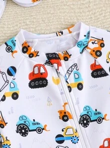 Newborn Cartoon Car Print Long Sleeve One Piece Swimsuit With Hat