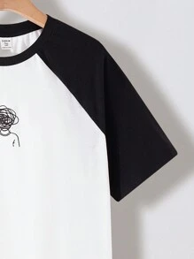 SHEIN Teen Boys' Casual Short Sleeve T-Shirt, Sporty Street Punk Rock College Daily Outing Party Festival, Suitable For Spring/Summer, Black & White Colorblock Abstract Line Figure Print T-Shirt