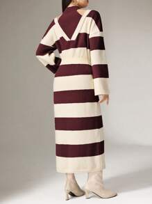 Mulvari 女式条纹落肩长袖休闲毛衣连衣裙 - 酒紅色 - 查看 2