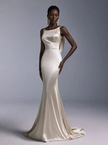 Elitara Elegant And Simple Champagne Color Luxurious Elastic Satin Metal Three-Dimensional Flower Decoration Sailboat Collar Sexy Large Backless Fishtail Dragging The Floor Wedding Guest Dress, Suitable For Dating Single Party Graduation Ceremony Formal Occasion Dinner Dress, Evening Dress,Gown - White - View 7