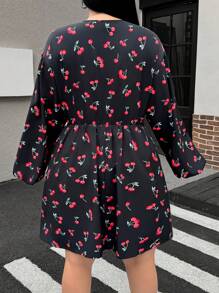 SHEIN EZwear Women's Plus Size,Bow Dress,Cherry Pattern,Black Long Sleeve Dress,Spring Summer Clothes