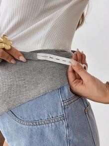 SHEIN Maternity Knitted Grey Waist Support & Blue Denim Loose Shorts, Suitable For Parties, Holidays, Dates, Valentine's Day, Afternoon Tea, Summer