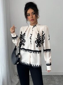 Chiquease Apricot Contrast Black Floral Pleated Collar Blouse For Women - Multicolor - View 3