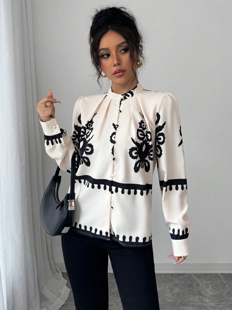 Chiquease Apricot Contrast Black Floral Pleated Collar Blouse For Women - Multicolor - View 3