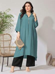 Mulvari 2 件大码女式套装，纯色翻领 3/4 袖上衣和阔腿裤