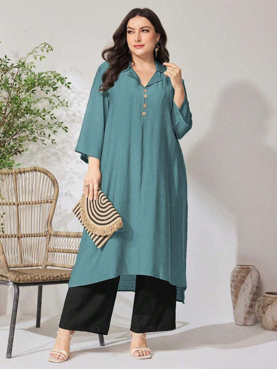 Mulvari 2 件大码女式套装，纯色翻领 3/4 袖上衣和阔腿裤