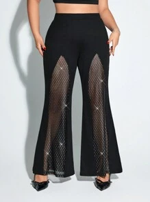SHEIN ICON Pantalón acampanado de talla grande para mujer con cintura alta, parches y lentejuelas para fiesta