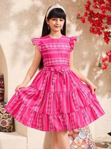 SHEIN Leap Crew Tween 女童度假休闲腰带花卉复古图案圆领盖袖 2 件上衣和裙子套装 - 粉色 - 查看 1