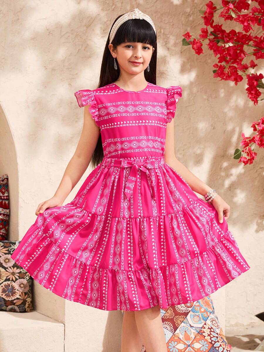 SHEIN Leap Crew Tween 女童度假休闲腰带花卉复古图案圆领盖袖 2 件上衣和裙子套装 - 粉色 - 查看 1