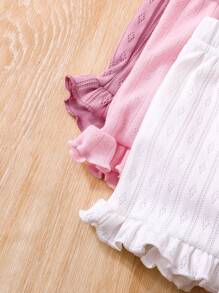 SHEIN 3件套女宝宝休闲宽松舒适短裤套装，弹力腰身，花卉镂空针织面料，荷叶边下摆，粉色和白色纯色，多种选择，性价比高，适合春夏休闲度假 - 粉色 - 查看 5