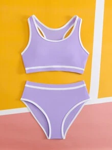 SHEIN Tween Girl Solid Color Splice Sleeveless Bikini Top And Bottom Swimwear Set - Mauve Purple - View 7