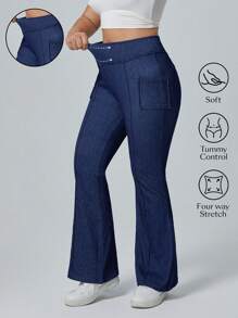 SHEIN Essnce 大码高弹力时尚休闲弹力口袋喇叭腿牛仔裤苹果裤牛仔裤 - 深色水洗藍 - 查看 1