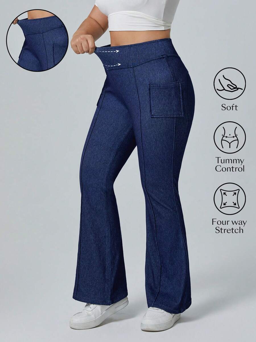 SHEIN Essnce 大码高弹力时尚休闲弹力口袋喇叭腿牛仔裤苹果裤牛仔裤 - 深色水洗藍 - 查看 1