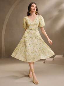 Anewsta Vestido de verano con cintura ceñida y estampado floral menudo verde para mujer en primavera - Verde - Ver 6