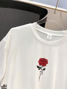 SHEIN 2 sztuki/zestaw nastoletnich chłopców, casualowe spodenki z krótkim rękawem, styl uliczny punk rock, odpowiednie do codziennego noszenia, na imprezy, festiwale muzyczne - wiosna/lato, kolor biały z nadrukiem angielskiej róży na walentynki