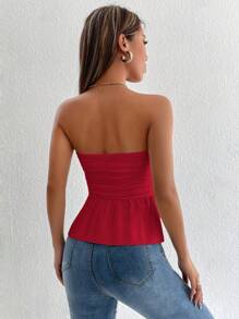 SHEIN PETITE Women Red Ruched Backless Peplum Tube Crop Top - Burgundy - View 2