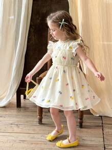 SHEIN LMoss Kids Vestido ajustado con volantes y estampado floral en miniatura para niñas jóvenes de LMoss