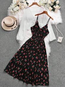 SHEIN LUNE 大码女式无袖樱桃印花连衣裙（带夹克）2 件套 - 彩色 - 查看 1