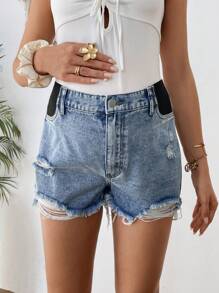 SHEIN 孕妇不对称破洞蓝色牛仔短裤，夏季/夏季/夏季，春季/春季女士，海滩女士/海滩，女士早午餐，春假/春假，音乐会女士/狂欢节/乡村音乐会/伊比沙岛/纳什维尔，Y2K 春夏波西米亚风女童牛仔短裤，水洗休闲破洞牛仔短裤