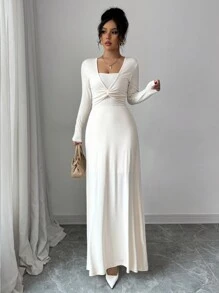 SHEIN PETITE 女士简约优雅扭纹前长袖连衣裙 - 白色 - 查看 5
