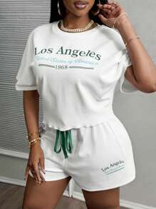 Slaydiva 2024 New Style Easter Western Versatile All-Match Casual Sports Letter Graphic Print Drawstring Elastic Waist Pullover Sweatshirt Crop Top & Shorts Two-Piece Outfit For Women, Plus Size,Holiday Outfits - White - View 6