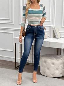 SHEIN LUNE Women's Pocket Design Slim Fit Casual Blue Jeans