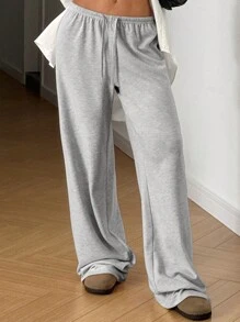 SHEIN Girlism Tween Girls Loose Casual Minimalist Versatile Wide Leg Ribbed Knit Solid Color Drawstring Sweatpants