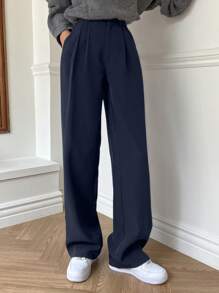 DAZY 女式直筒褶皱商务休闲正装裤 - 藏蓝色 - 查看 4