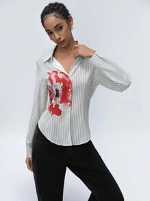 GENKIRA 美国女孩风格合身竖条纹纽扣长袖女式衬衫 - 彩色 - 查看 3