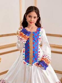 Tween Girl Floral Print Mix Faux Fur Design Long Sleeve Dress - Multicolor - View 6