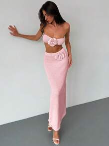 Aloruh Apricot Beach Resort Romantische Date Tube Top Met 3D Bloemen Stropdas + Lage Taille Maxi Lengte 3D Bloemen Rok 2-delige Set Voor Vrouwen