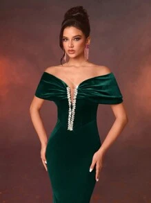 Glamrae Elegant Velvet Off Shoulder Bowknot Off The Neck Luxury Rhinestone Chain Decor Mermaid Tail Formal Gown, Wedding Guest Dress, Party Dress, Evening Dress