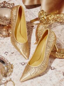 CUCCOO TILAWA 女士金色水钻尖头高跟鞋，性感优雅休闲度假派对情人节约会婚纱鞋