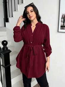 SHEIN Essnce 大码女式秋春休闲宽松长袖红色长衬衫、V 领衬衫、衬衫、纽扣衬衫、套装、女式工作衬衫、教师服装、返校、办公室服装、春季上衣