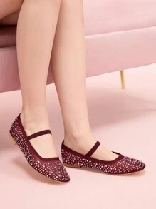 CUCCOO DOLLMOD Fashionable Wine Red Rhinestone Mesh Burgundy Mary Jane Flats, Cute & Sweet For School Students Valentine's Day