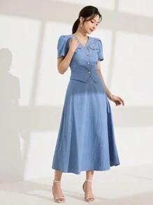 Modelyn 2pcs/Set Women Solid Color Single-Breasted Short Puff Sleeve Blouse & A-Line Skirt Set - Blue - View 8