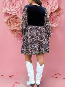 SHEIN LUNE 大码女式休闲灯笼袖撞色佩斯利印花连衣裙情人节外出、节日派对连衣裙 - 彩色 - 查看 2