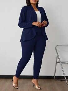 SHEIN PETITE CURVE 大码女式纯色 3/4 袖西装外套和裤子两件套办公室套装，商务休闲女士，适合秋冬季日常穿着和通勤 - 藏蓝色 - 查看 5