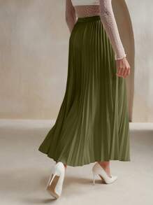 Anewsta Váy xếp ly thanh lịch màu trơn cho nữ Váy nữ - xanh quân đội - Xem 2