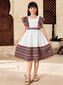 SHEIN Tween Girls Vacation Cap Sleeve Patchwork Retro Print A-Line Dress - Multicolor - View 3